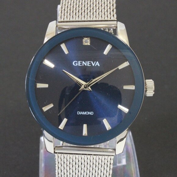 Geneva Men's Dress Watch Diamond At 12 Blue Dial Milanese Bracelet 42mm - Picture 6 of 13